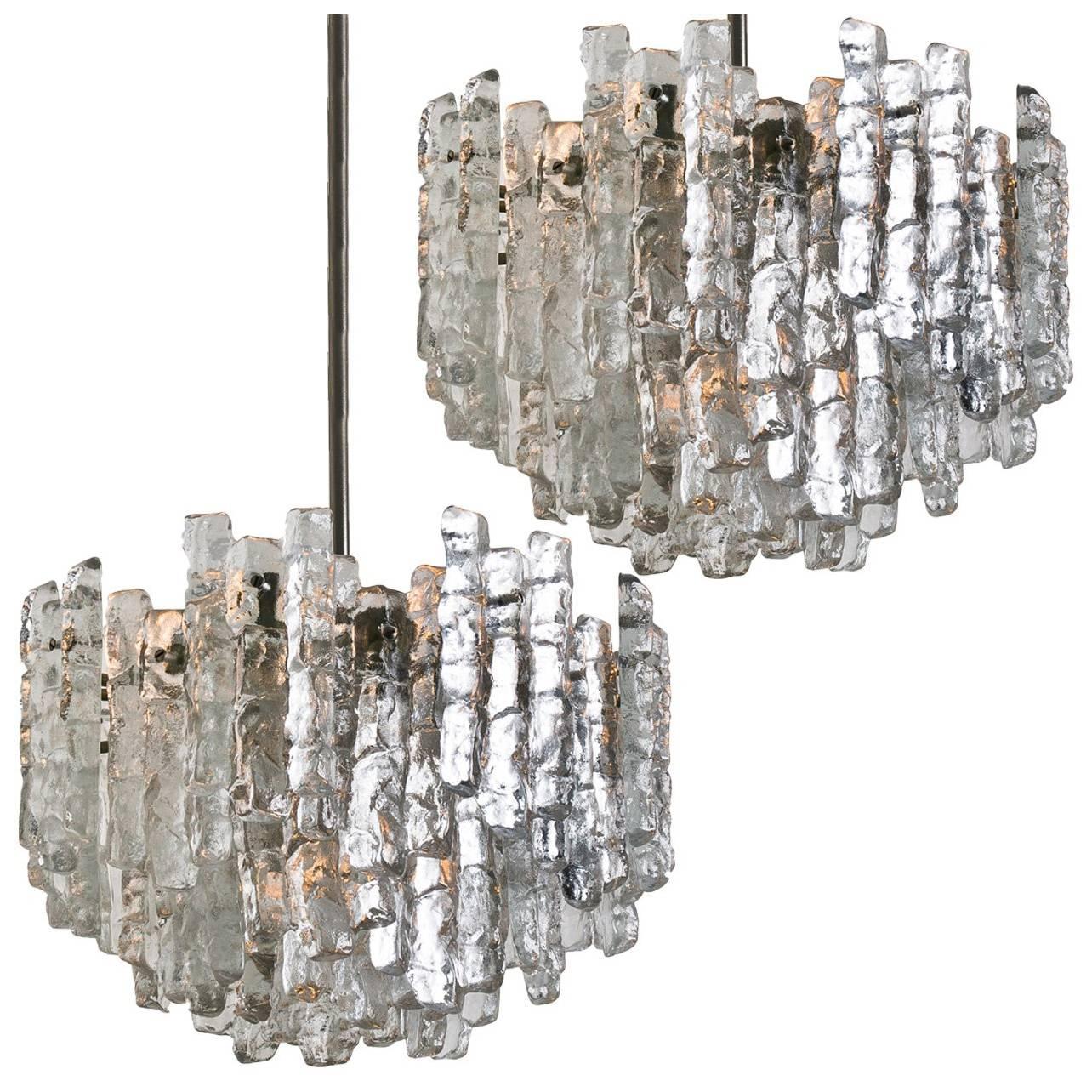 Pair of Large Modern Ice Glass Chandeliers by J.T.Kalmar
