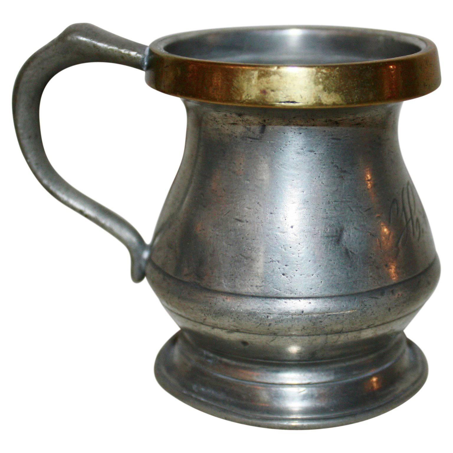 19th Century Victorian Pewter Beaker with Brass Rim