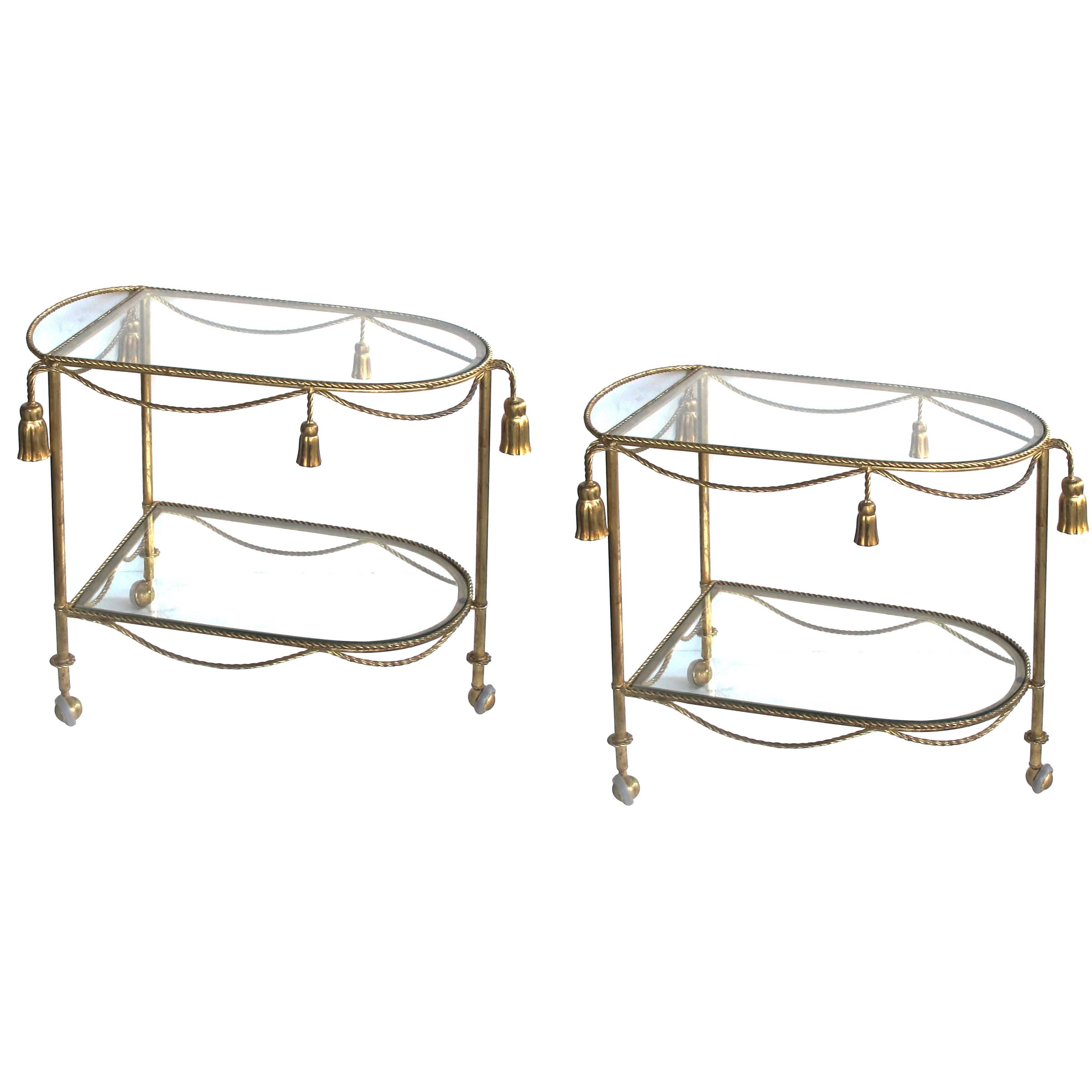 Chic Pair of Italian Hollywood Regency Gilt-Tole Drinks Carts with Glass Shelves