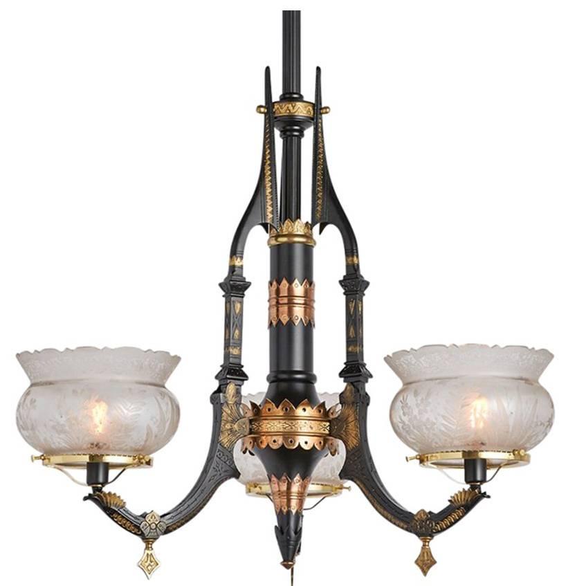 Brass and Black Neo-Grec Gasolier with Etched Shades, circa 1870s