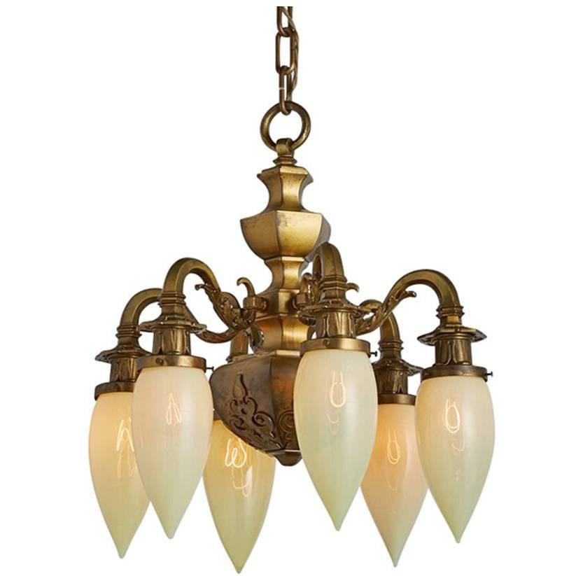 Beaux Arts Six-Light Chandelier with Straw Opalescent Stalactites, circa 1910s For Sale