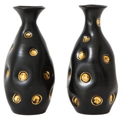 Bitossi Ceramic Vases Pinched Black Gold Signed, Italy, 1960s