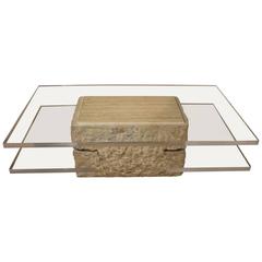 Modern Italian Travertine and Thick Lucite Rectangular Luxe Coffee Table