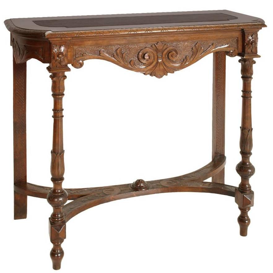 Venetian Umbertina Console attributed to Cadorin, Carved Walnut with Leather Top