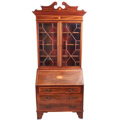 Antique Edwardian Mahogany Inlaid Bureau Bookcase