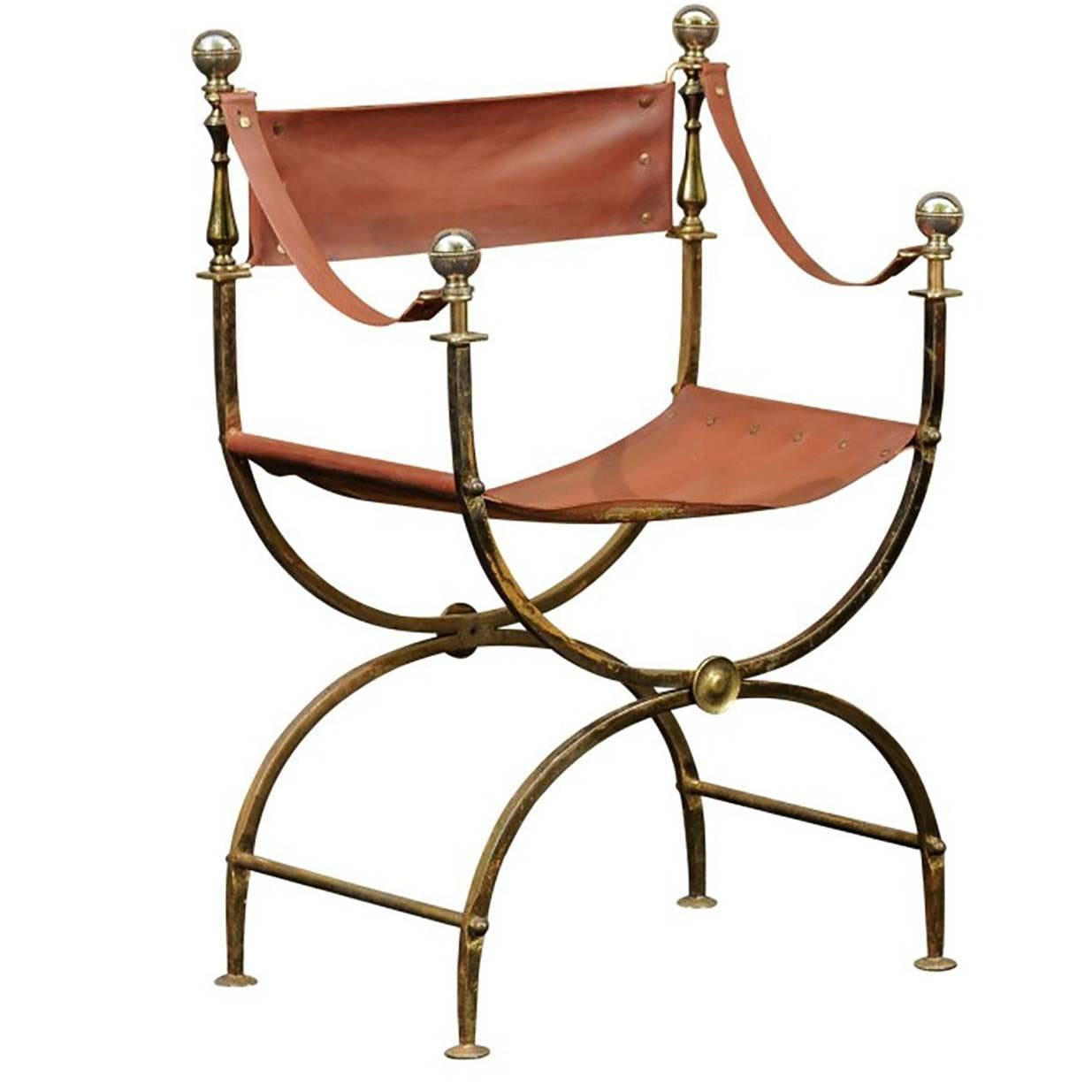 French Regency Campaign Curule Leather and Brass Chair from the 1940s