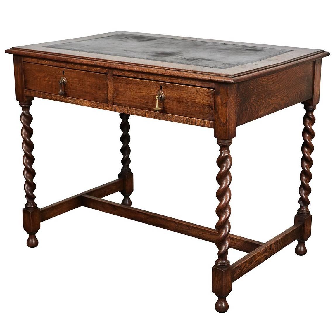 English Oak Writing Table or Desk with Leather Top