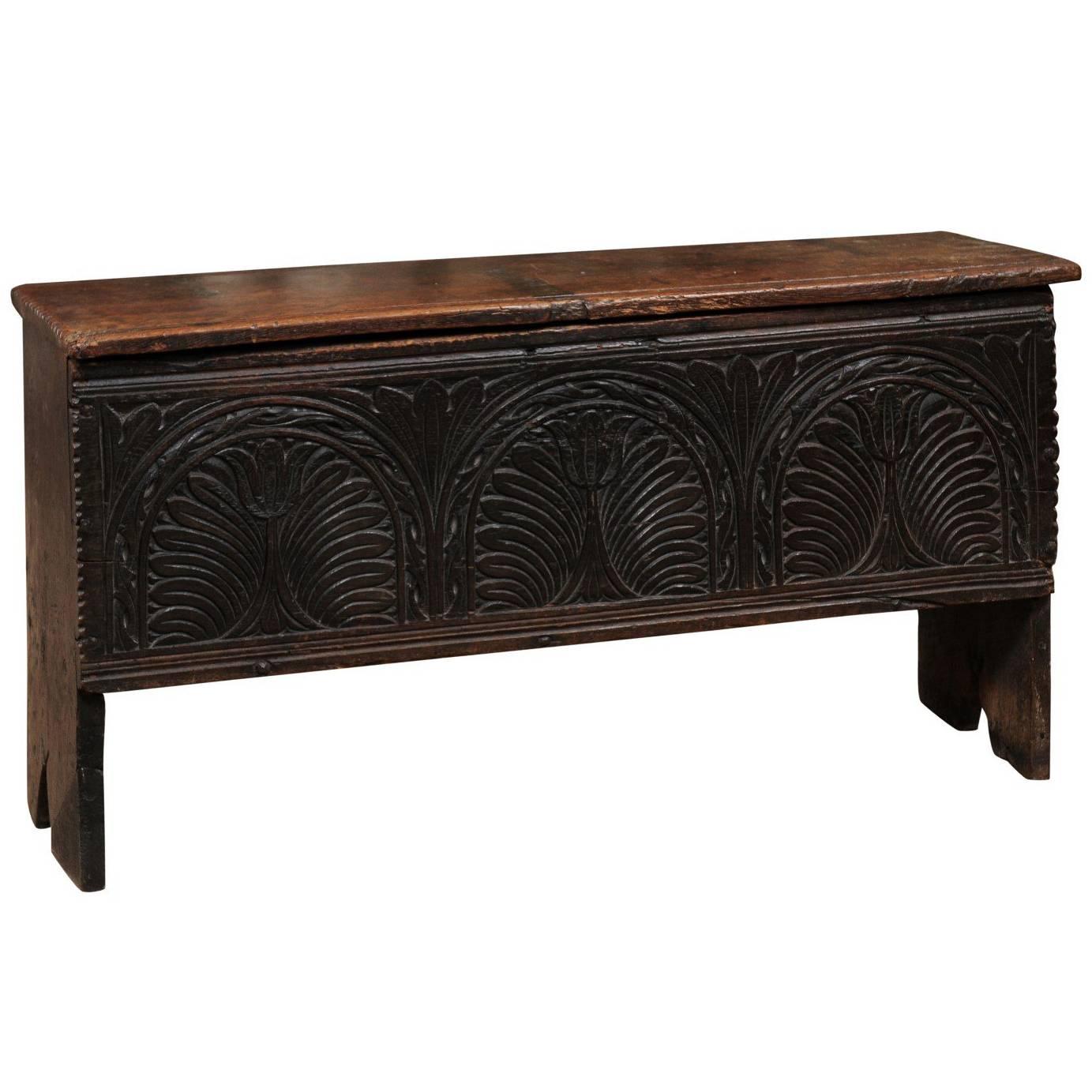 18th Century English Footed Oak Coffer with Carved Tulips