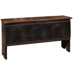 18th Century English Footed Oak Coffer with Carved Tulips