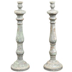 Pair of Blue Painted Italian Altar Sticks, 19th Century