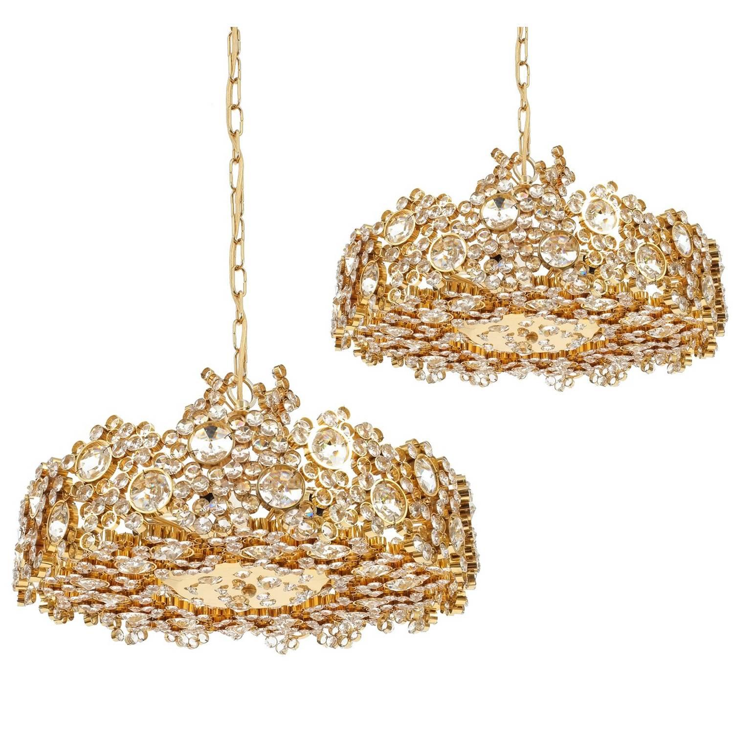 One of Two Palwa Crystal Glass Brass Chandeliers Refurbished Lamps, 1960