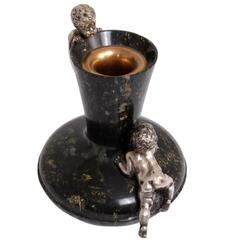 Silvered Bronze Cherubs Climbing a Marble Vase, circa 1880
