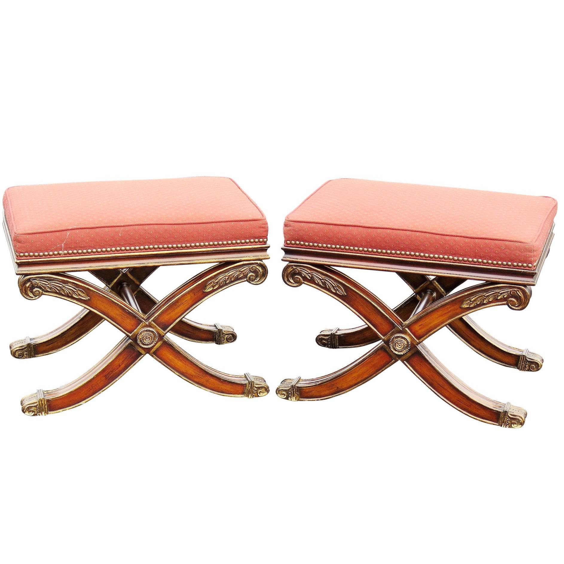 Pair of Regency Style Upholstered X-Benches