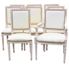 Eight Jansen Style Directoire Style Distressed Painted Dining Chairs