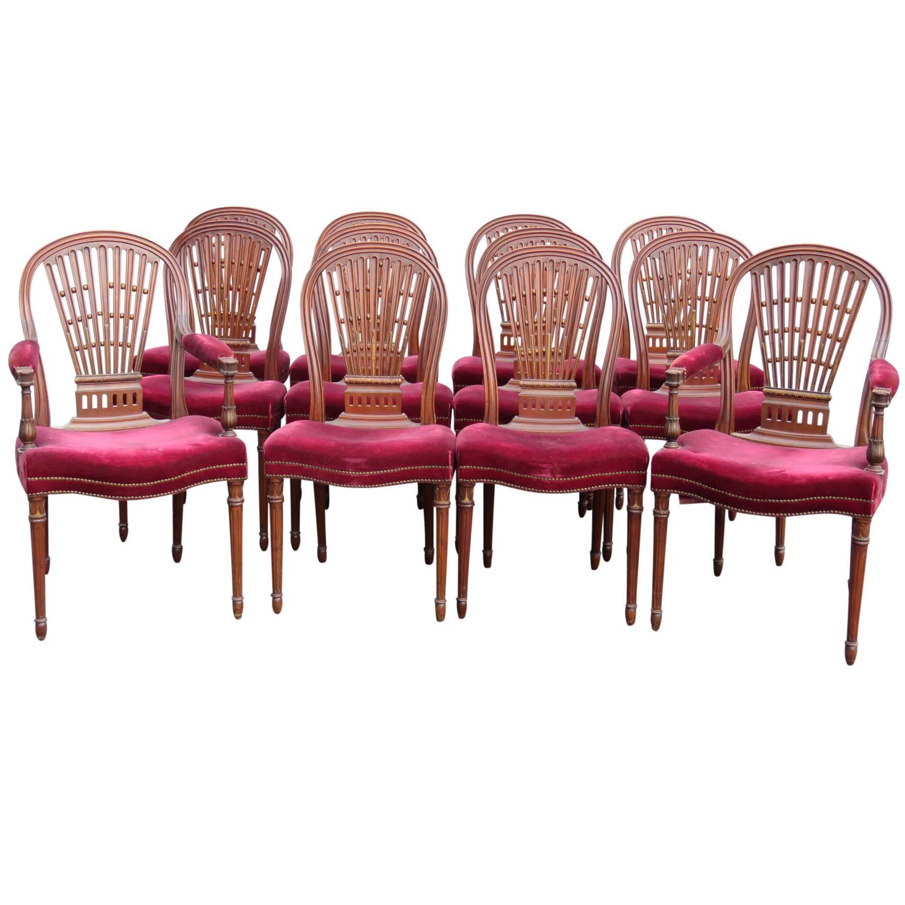 12 Jansen Directoire Style Carved Walnut Dining Chairs