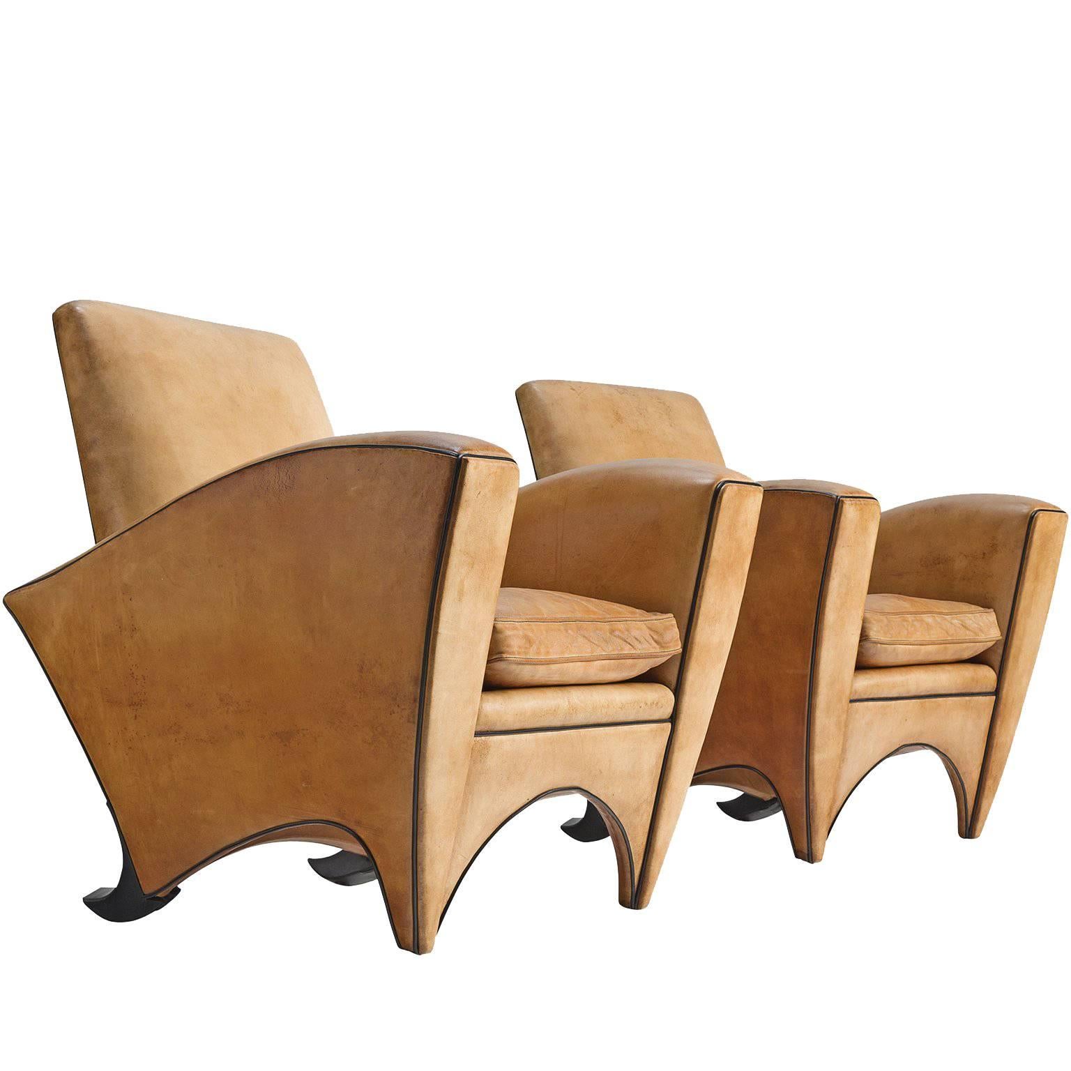 Pair of Cognac Leather Club Chairs, 1960s