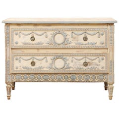French Vintage Two-Drawer Painted Wood Chest with Swag and Foliage Carvings