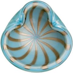 Alfredo Barbini Murano Blue Gold Aventurine Stripes Italian Art Glass Bowl 12