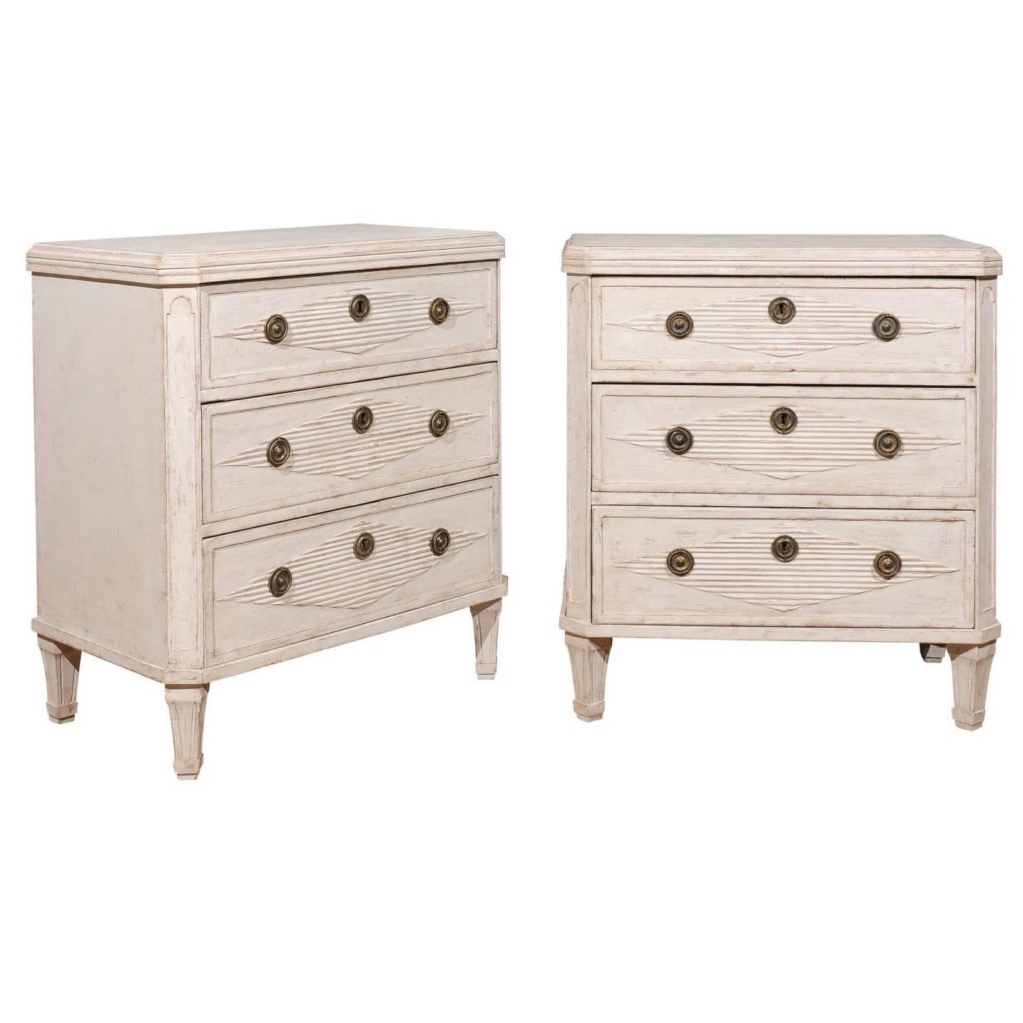 Pair of Swedish Gustavian Three-Drawer Commodes with Diamond Motifs, circa 1840