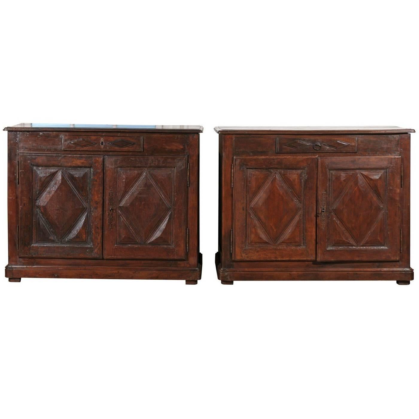 Pair of French 18th Century Walnut Buffets with Single Drawer and Diamond Motifs