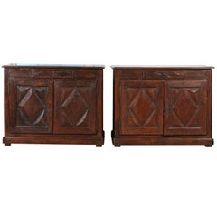 Antique Pair of French 18th Century Walnut Buffets with Single Drawer and Diamond Motifs