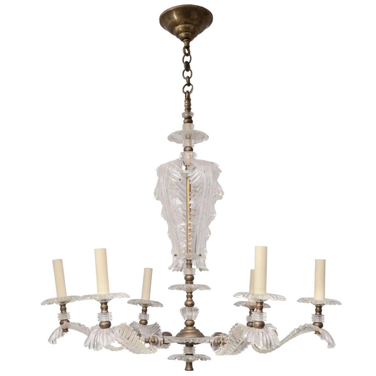 Six Arm Lucite Feather Chandelier