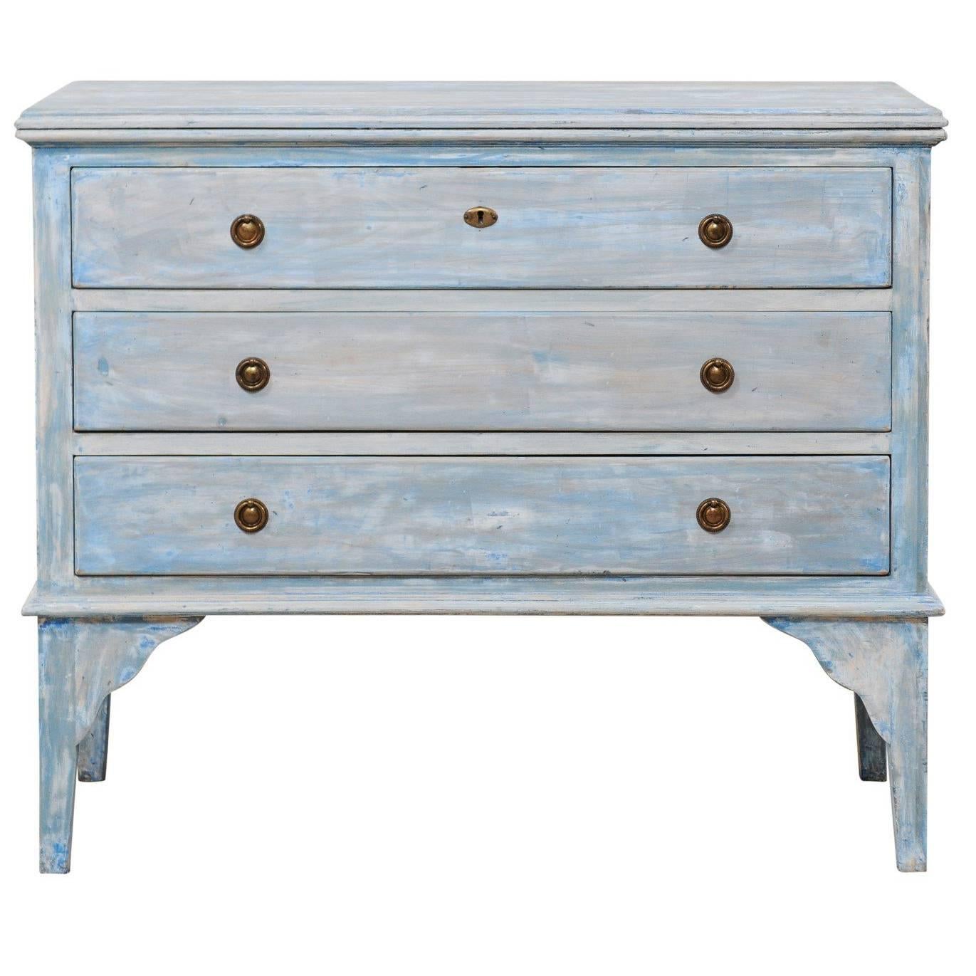 Vintage Blue Toned Painted Wood Three-Drawer Chest Raised on Tall Scalloped Legs