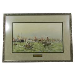 Framed Lithograph of New York Harbor, circa 1900