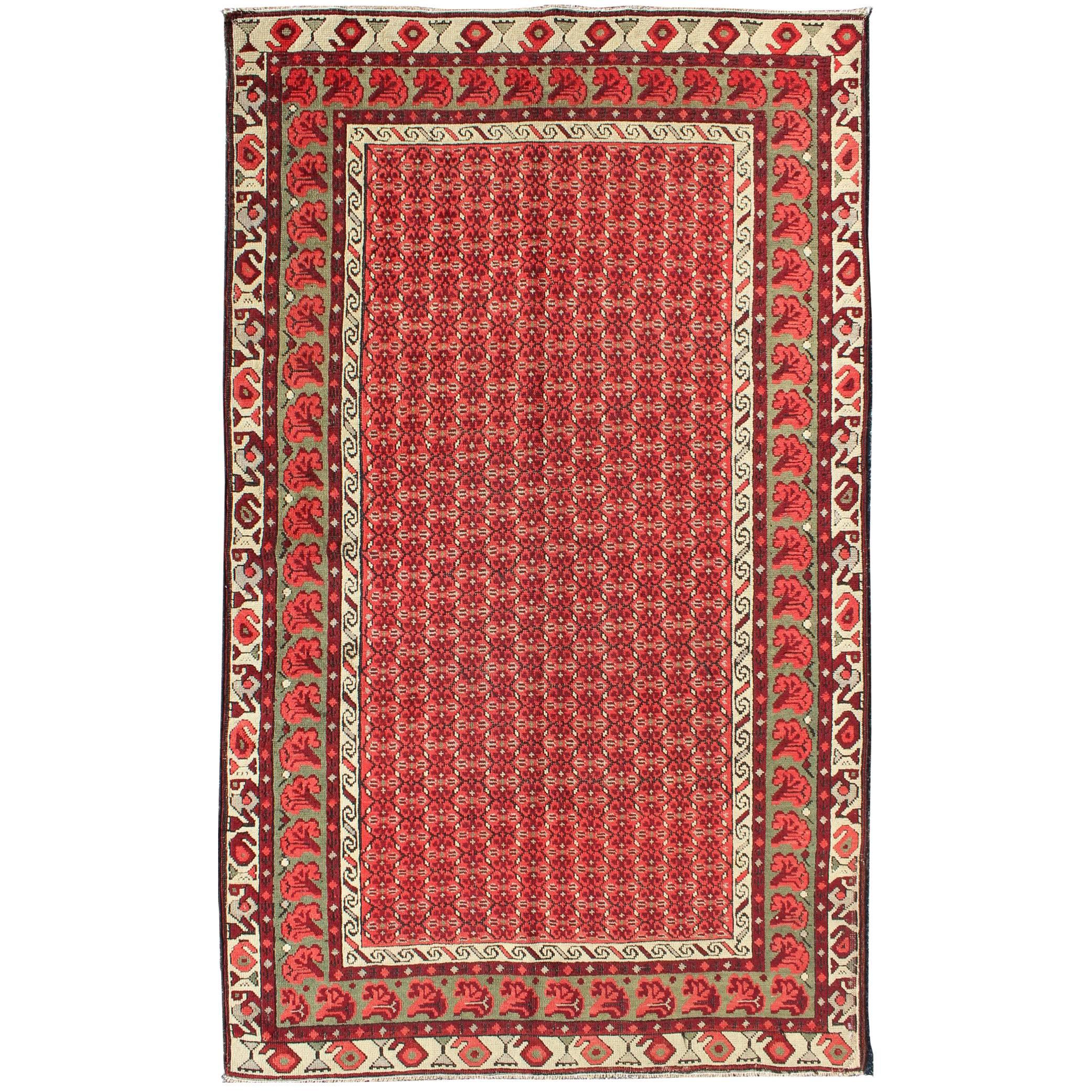 All-Over Design Antique Karabagh Rug with Tribal Motifs in Green and Red
