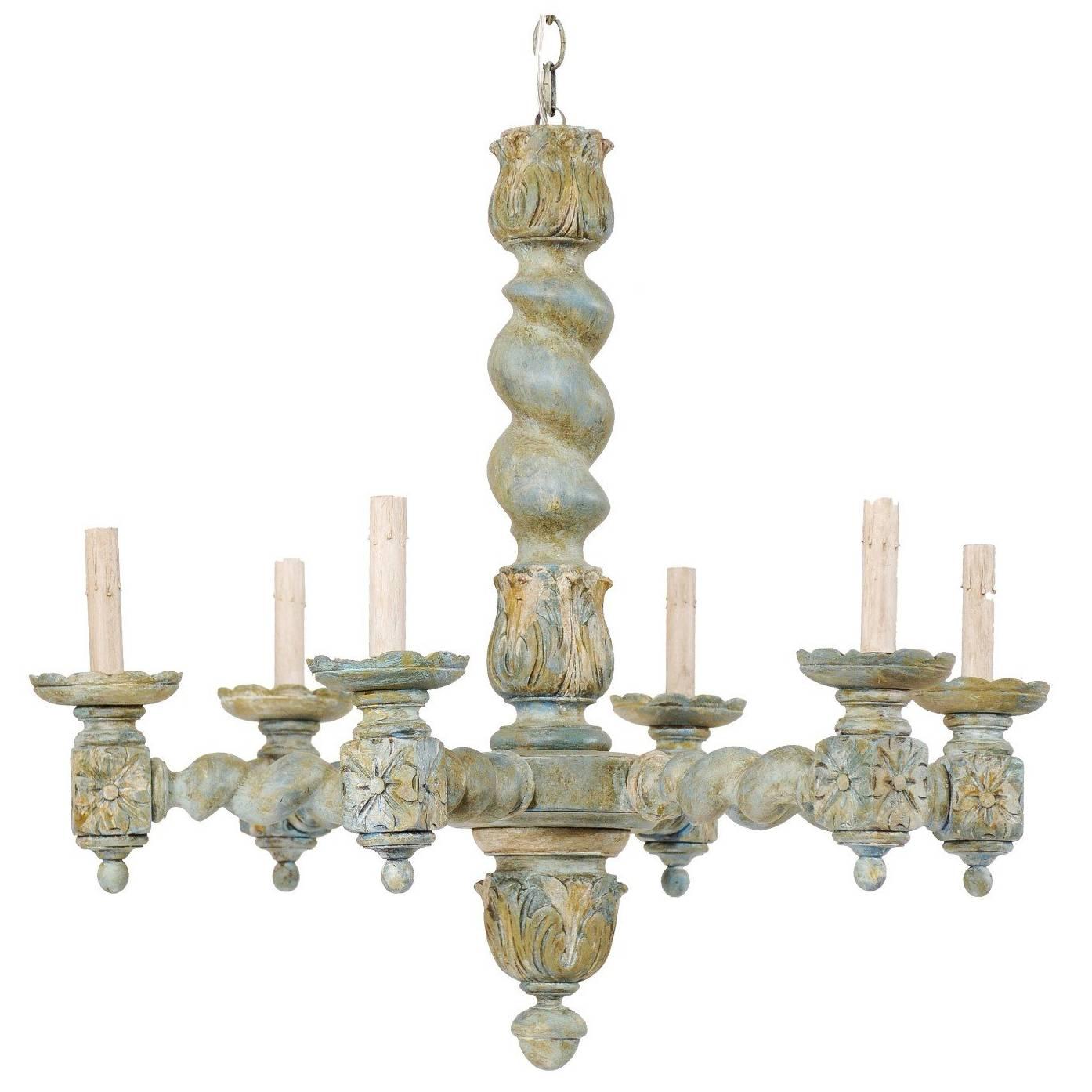 French Six-Light Barley Twist Wood Chandelier in Painted Tones of Blue and Cream