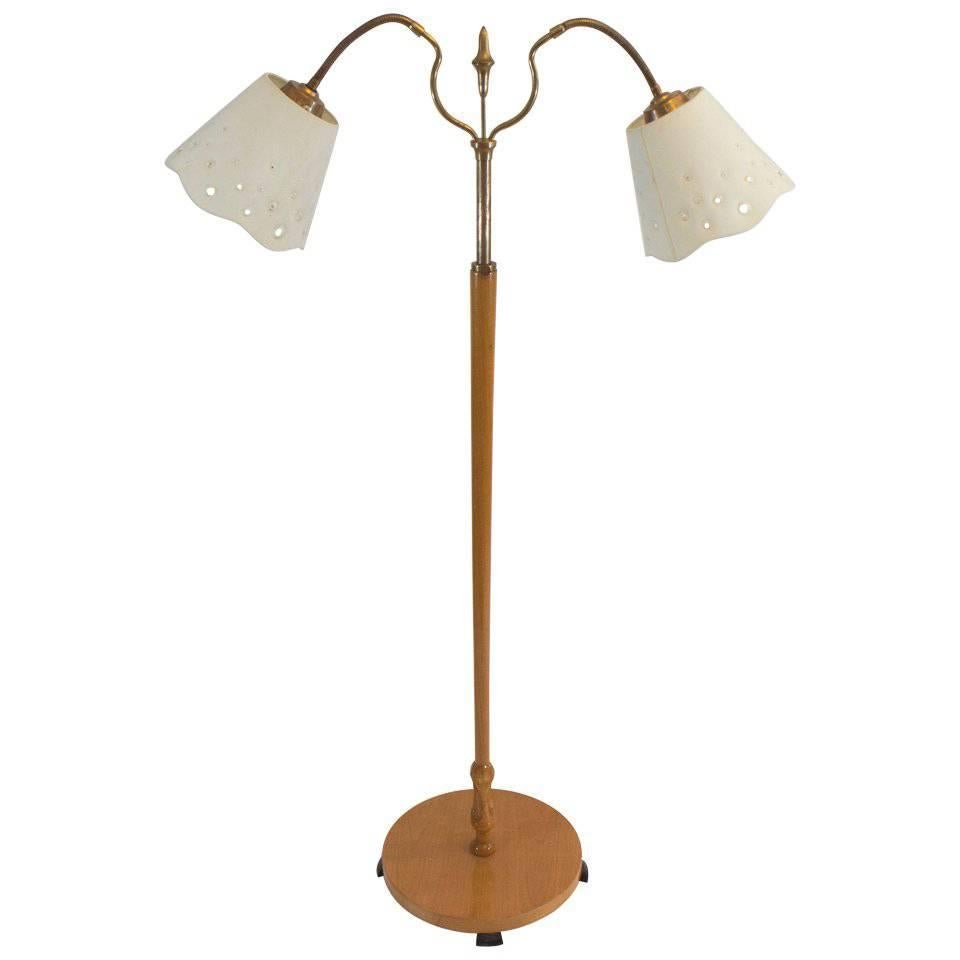 Mid-Century Modern Floor Lamp with Eyelet Linen Shades For Sale