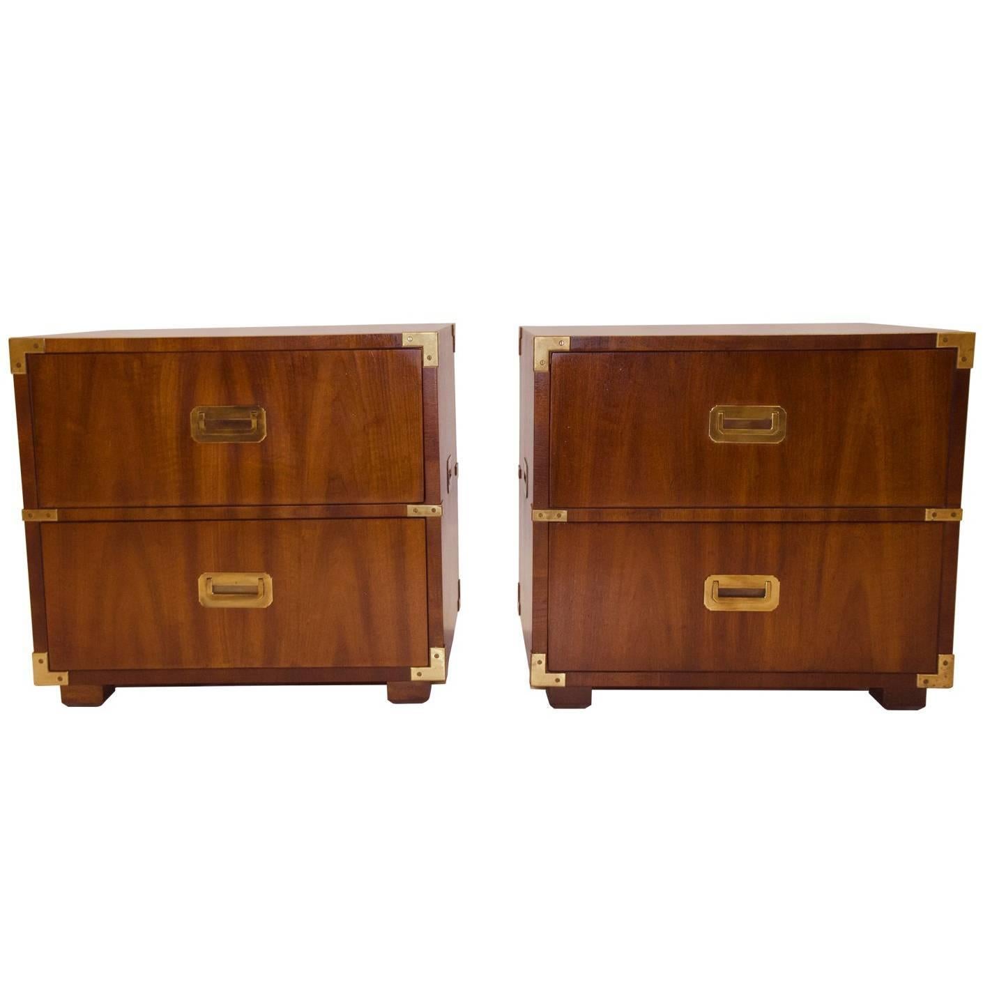 Pair of Campaign Nightstands in Walnut and Brass by Henredon