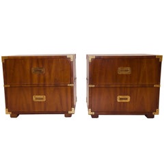 Pair of Campaign Nightstands in Walnut and Brass by Henredon