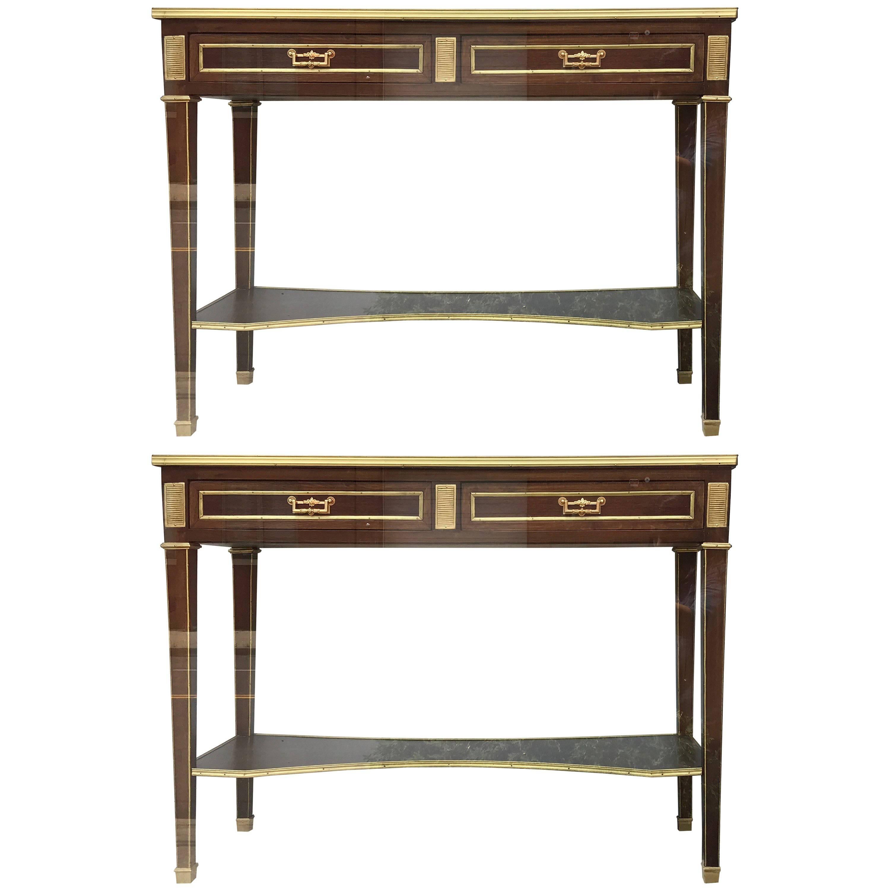 Pair of Jansen Style Two-Drawer Marble-Top Bronze Consoles or Serving Tables