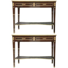 Vintage Pair of Jansen Style Two-Drawer Marble-Top Bronze Consoles or Serving Tables