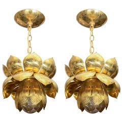 Small Brass Lotus Form Pendant Ceiling Fixtures By Feldman 5