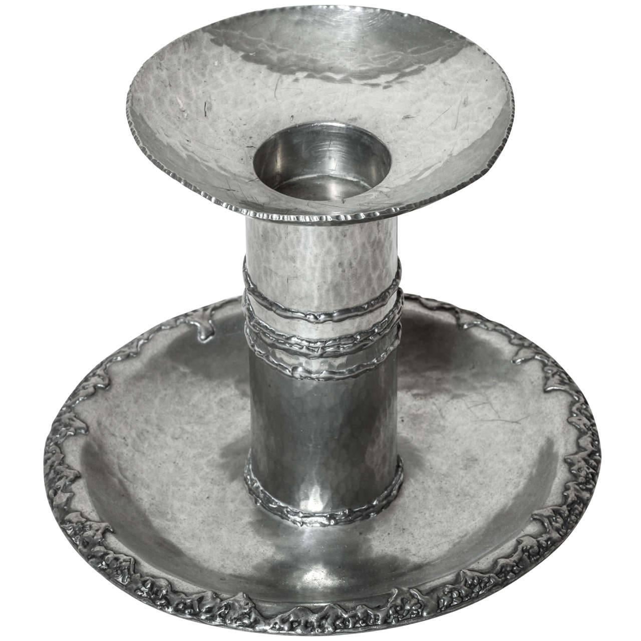 René Delavan French Art Deco Dinanderie Pewter Candle Holder For Sale
