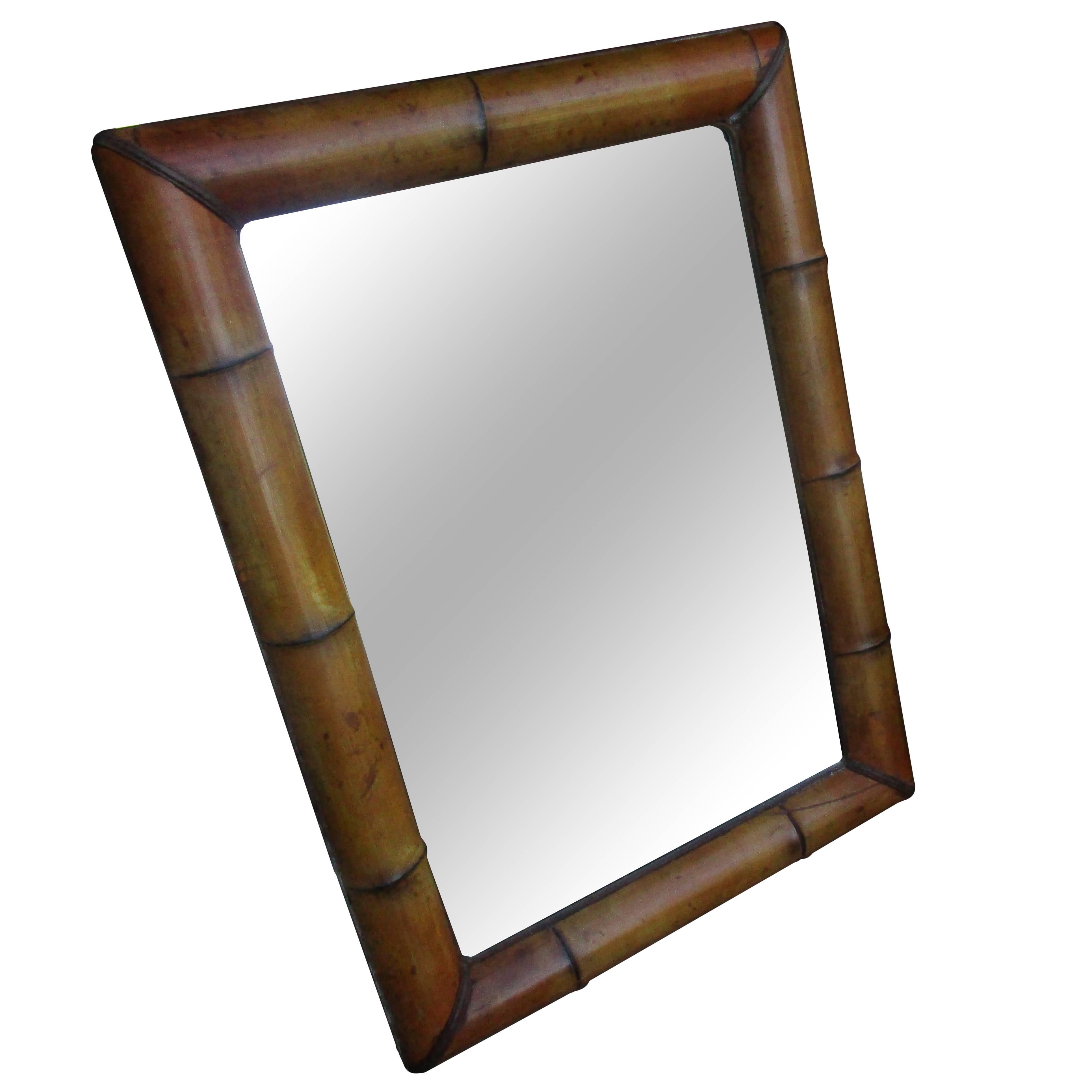 Vintage Bamboo Mirror with Beveled Mirror For Sale