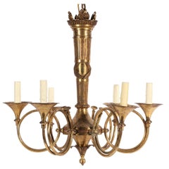 Vintage Solid Brass Six-Light French Horn Chandelier