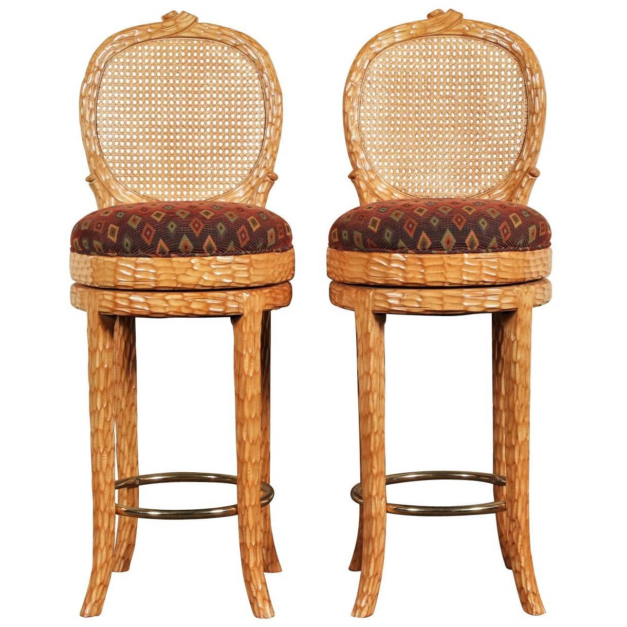 Pair of Carved Wood Swivel Stools