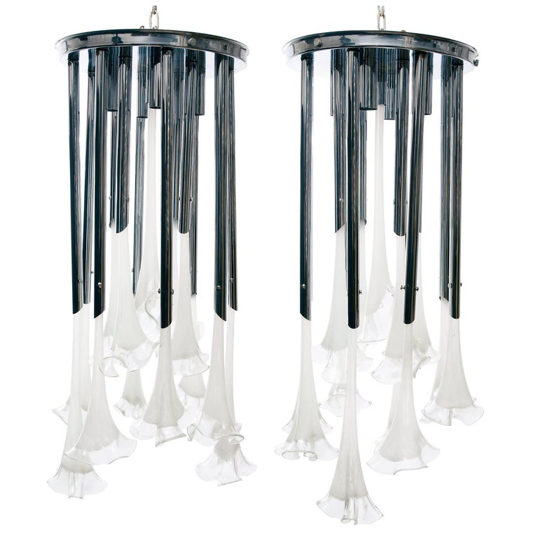 Pair Of Chrome And Blown Glass Flower Chandeliers Attributed Pair Of Chrome Blown Glass Flower Chandeliers Attributed Mazzega Circa 1960 For