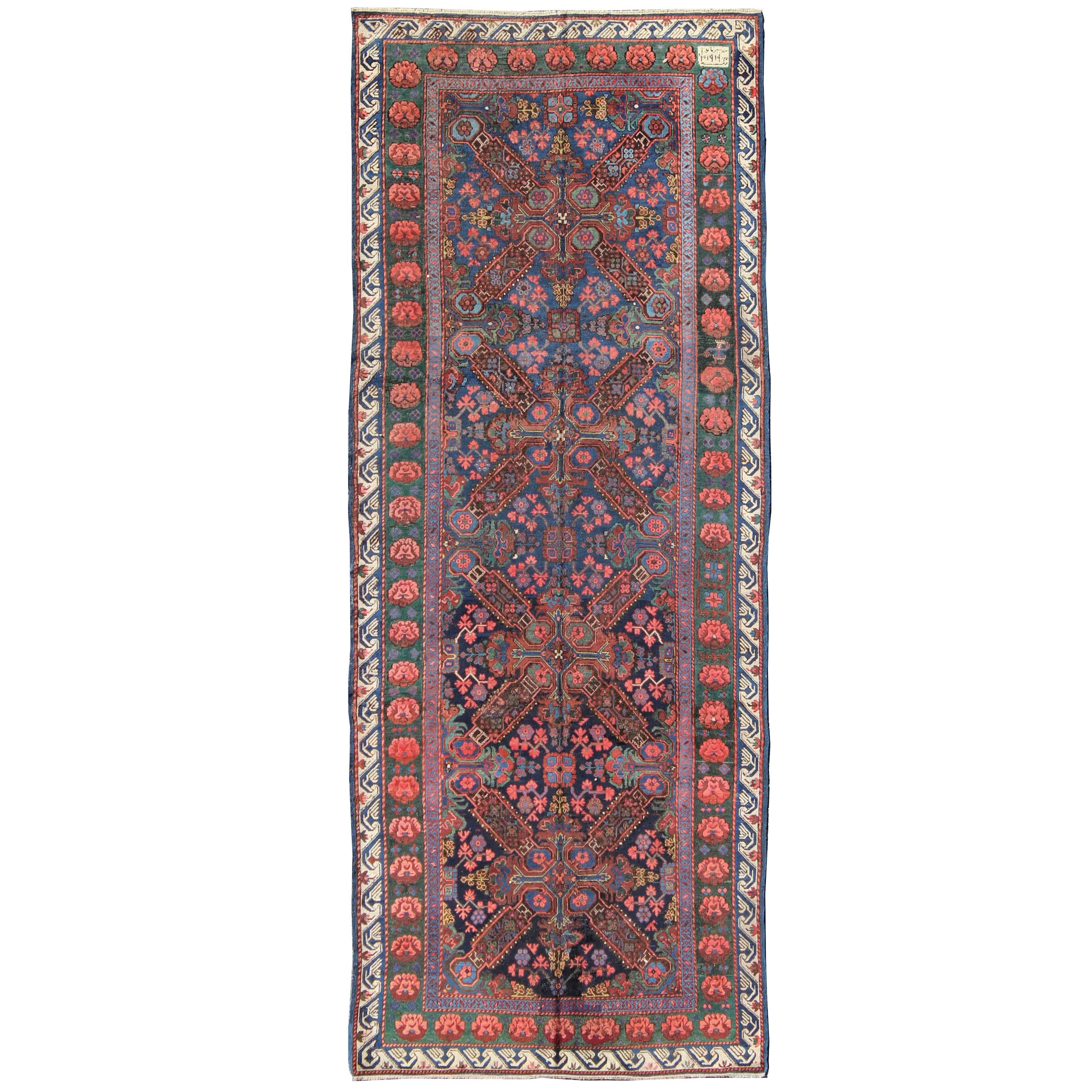 Antique Caucasian 19th Century Seychour Rug in Blue, Green, Brown & Multi Colors For Sale