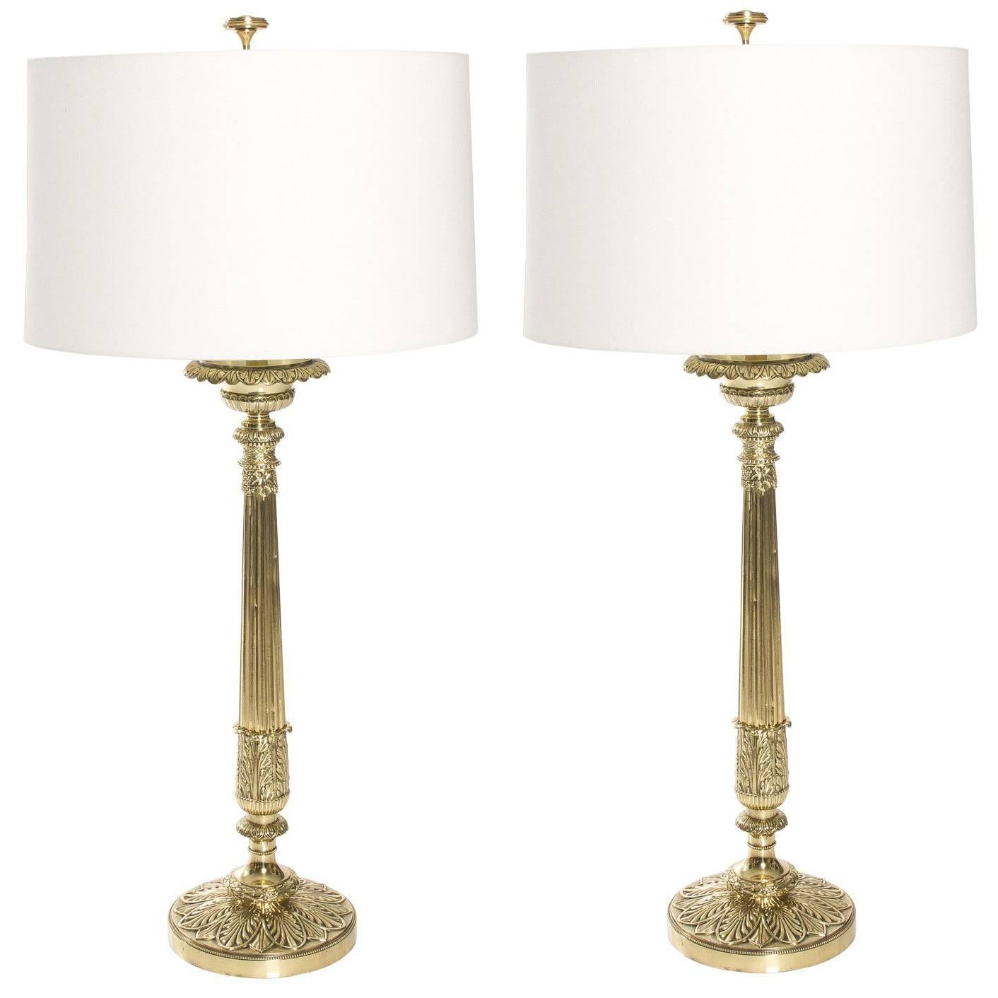 Pair of English Brass Column Lamps