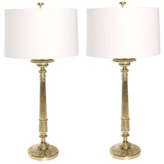 Pair of English Brass Column Lamps