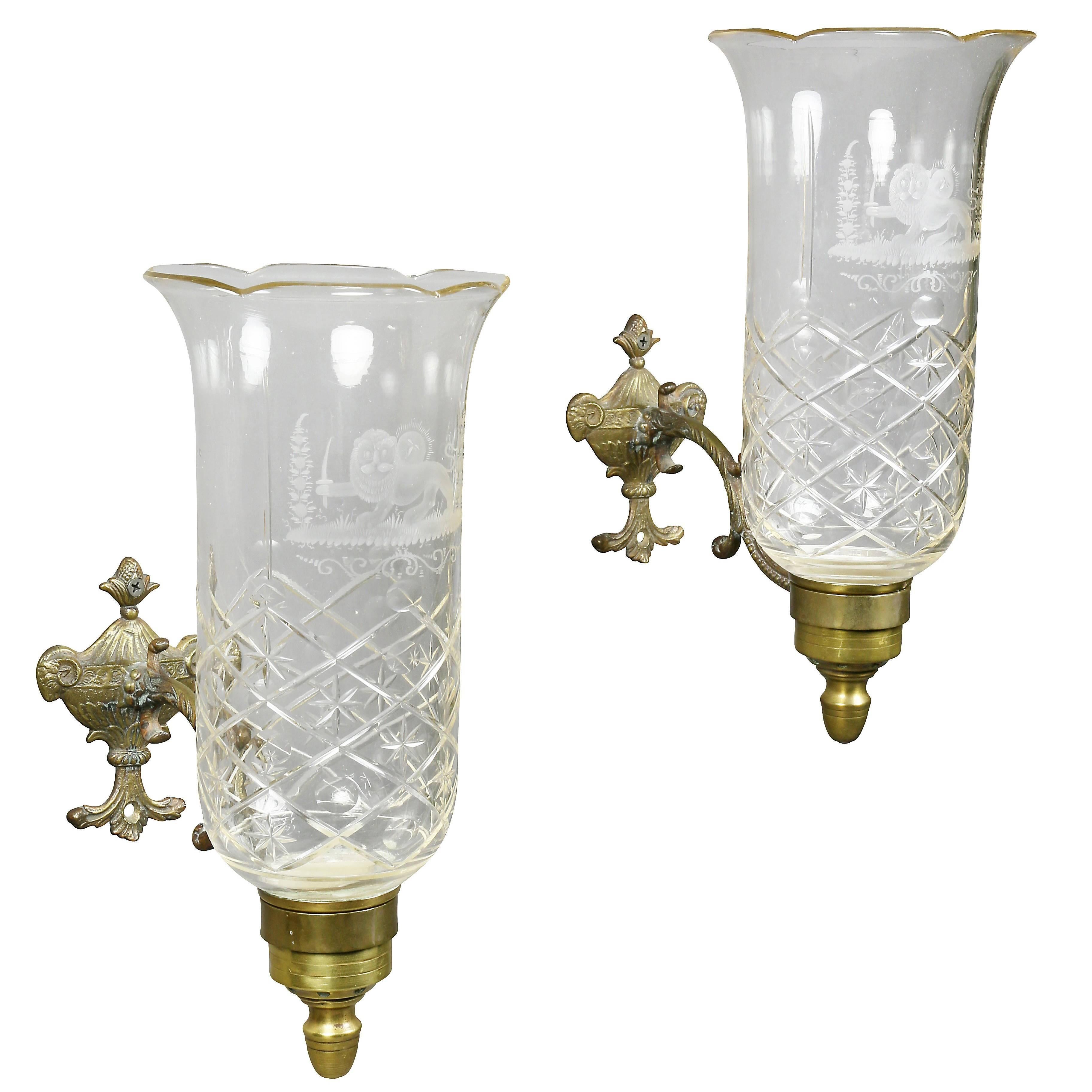 Pair of Regency Brass, Etched and Cut-Glass Hurricane Wall Sconces