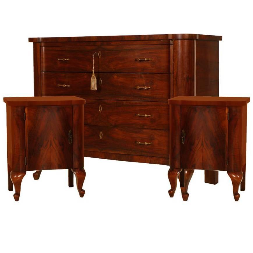 Art Deco Dresser and Nightstands, Walnut and Burl Walnut Gaetano Borsani style
