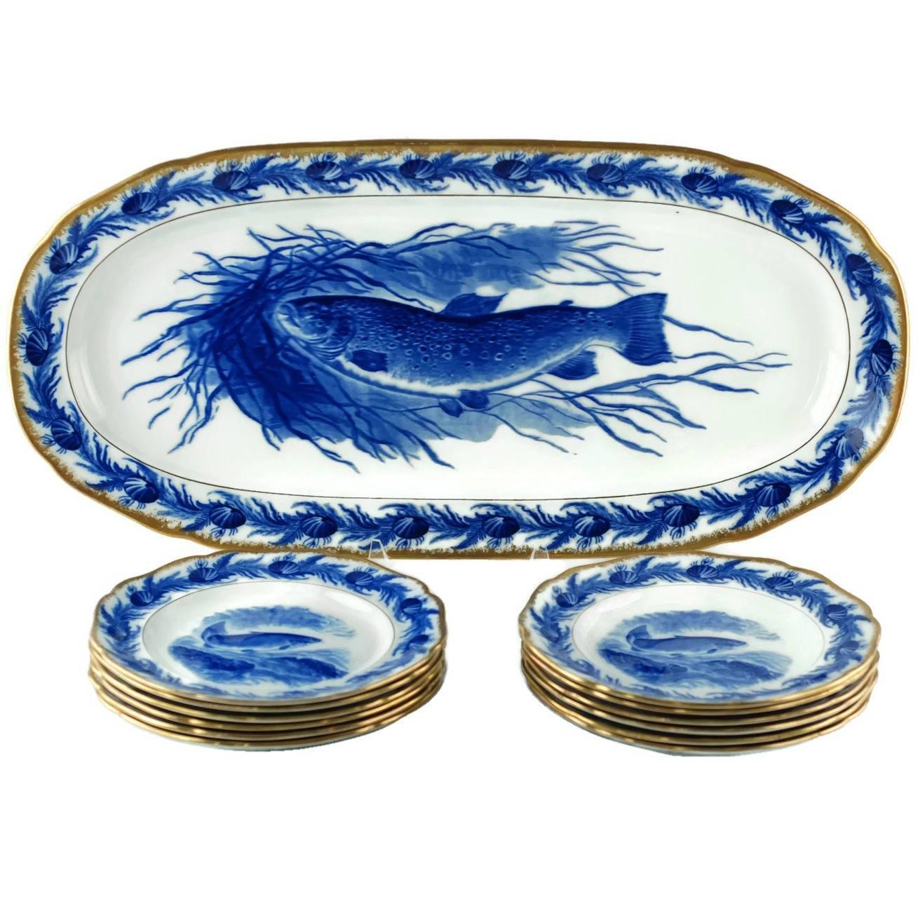 Set of 12 Gilt Edged Cauldon England Flow Blue Fish Plates with Oval Platter