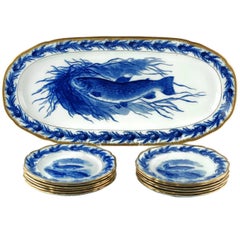 Antique Set of 12 Gilt Edged Cauldon England Flow Blue Fish Plates with Oval Platter