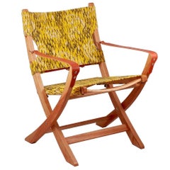 Campaign Chair Vintage Retro Fabric Yellow Leather Arm Straps Handmade Ash Frame