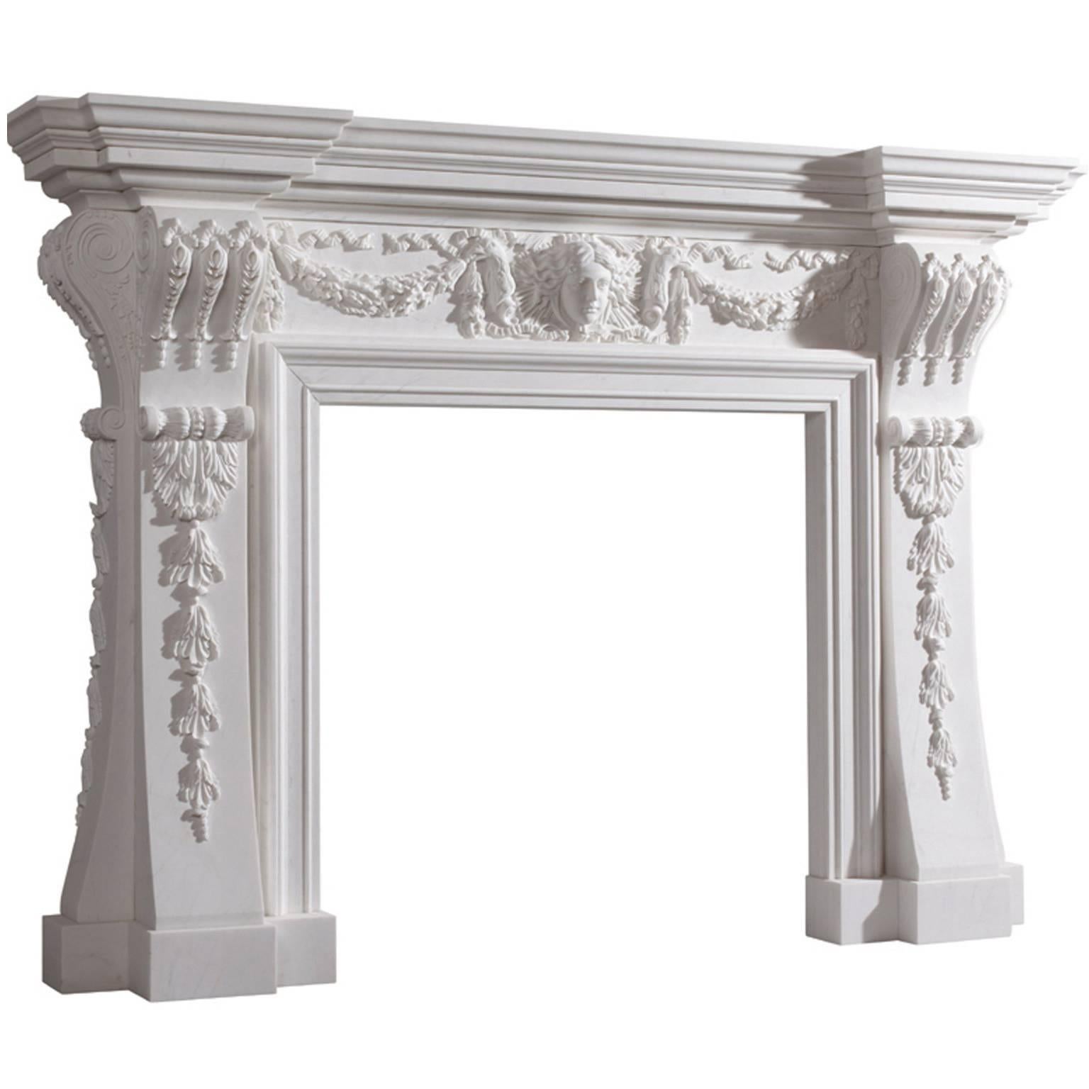 18th Century Style English White Hand-Carved Carved Marble Fireplace Mantel For Sale